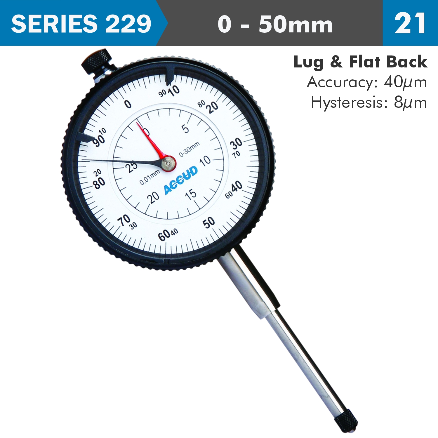 AC229-050-21 Dial Indicator 50Mm 0.01Mm Grad. Lug&Amp;Flat Back - Image 1