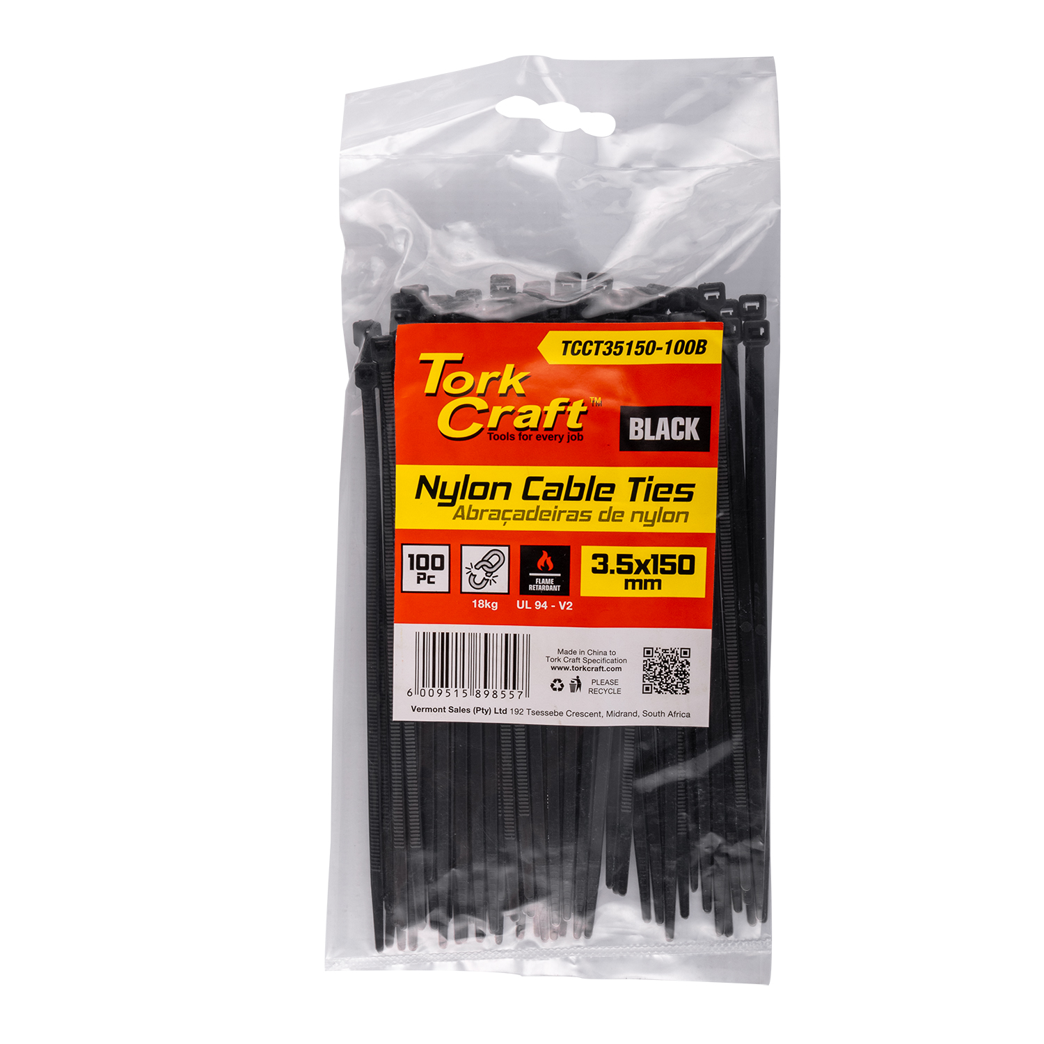 TCCT35150-100B Nylon Cable Ties 3.5Mm X 150Mm Black 100Pc - Image 1