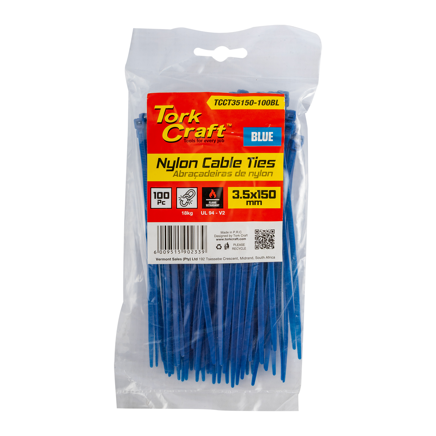TCCT35150-100BL Nylon Cable Ties 3.5Mm X 150Mm Blue 100Pc - Image 1