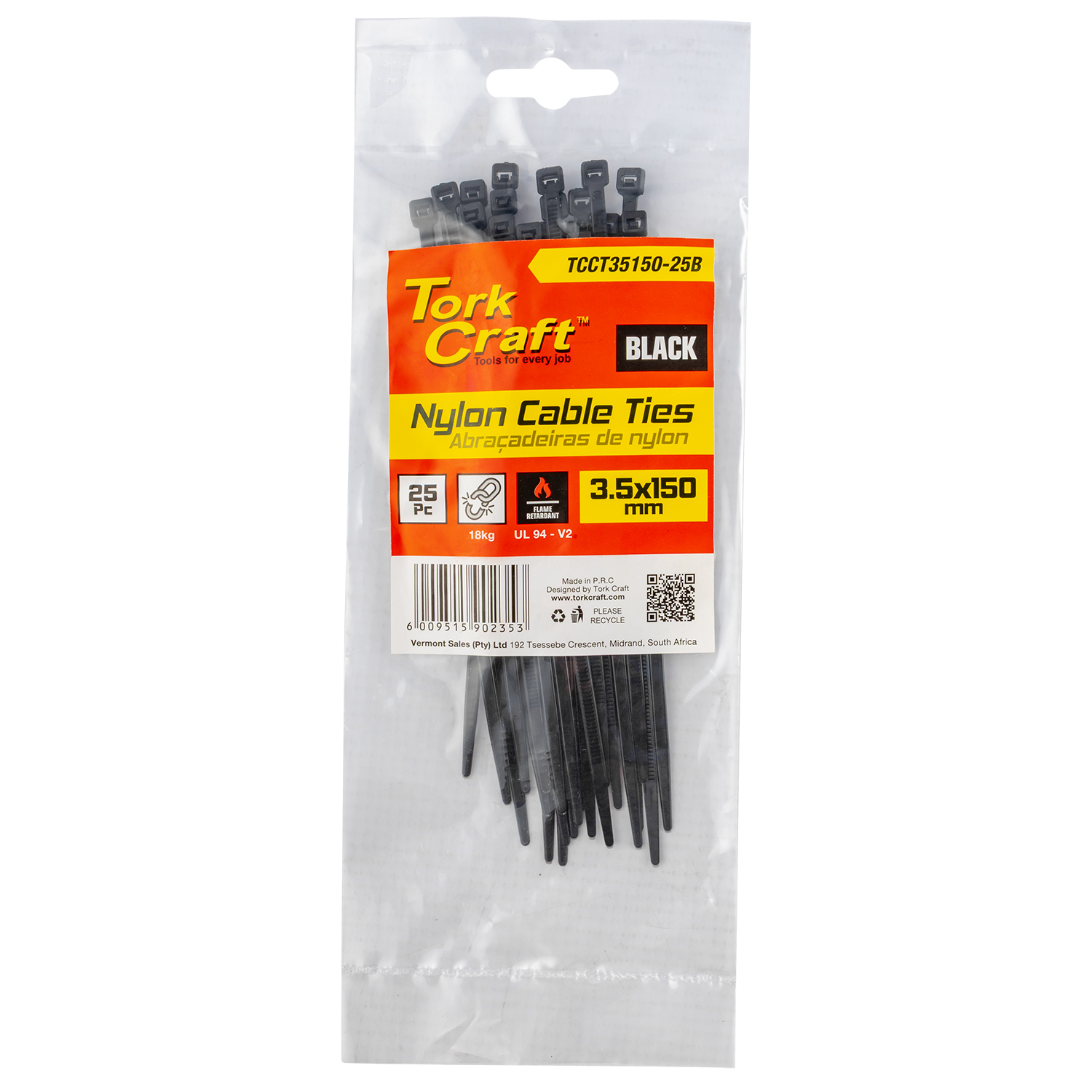 TCCT35150-25B Nylon Cable Ties 3.5Mm X 150Mm Black 25Pc - Image 1
