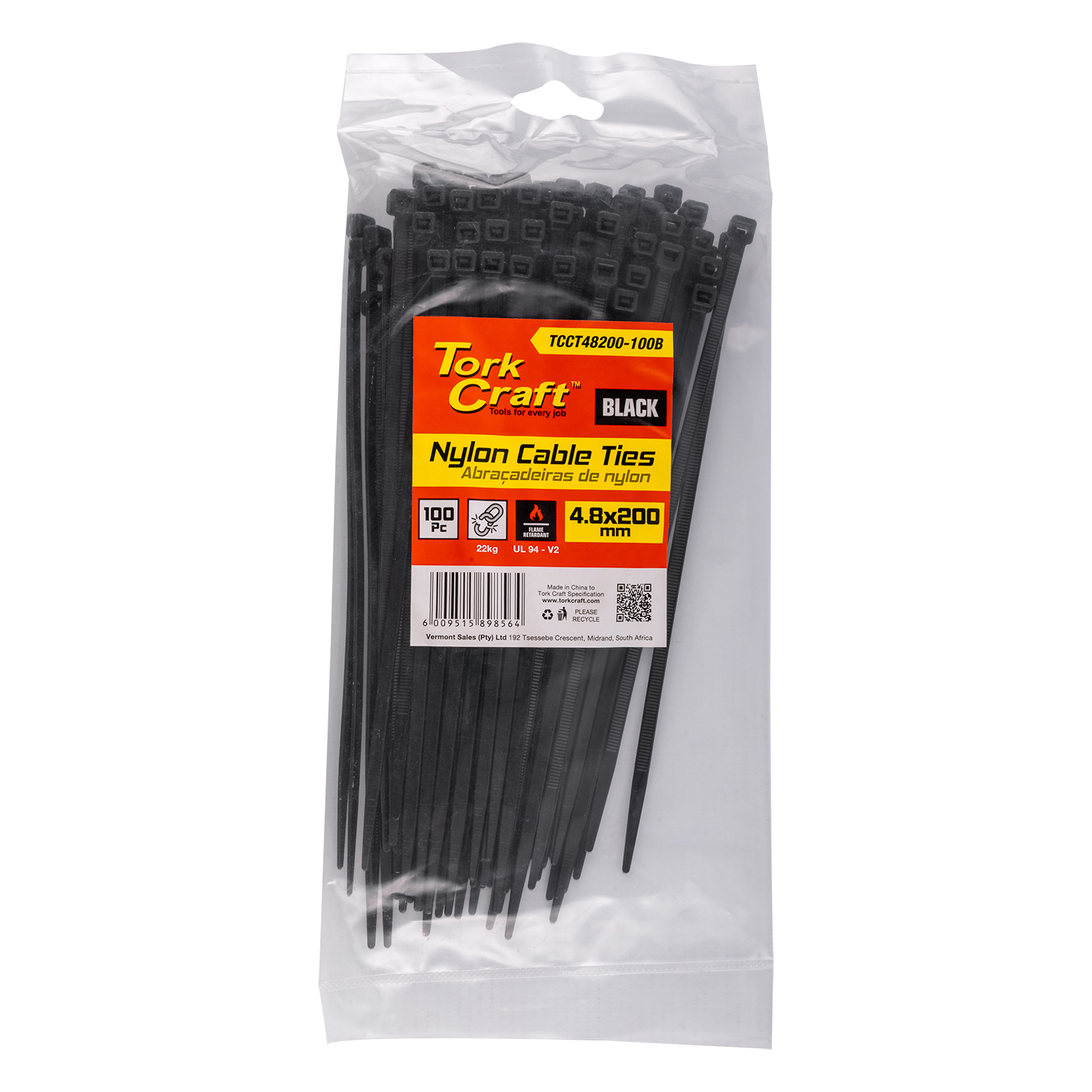 TCCT48200-100B Nylon Cable Ties 4.8Mm X 200Mm Black 100Pc - Image 1