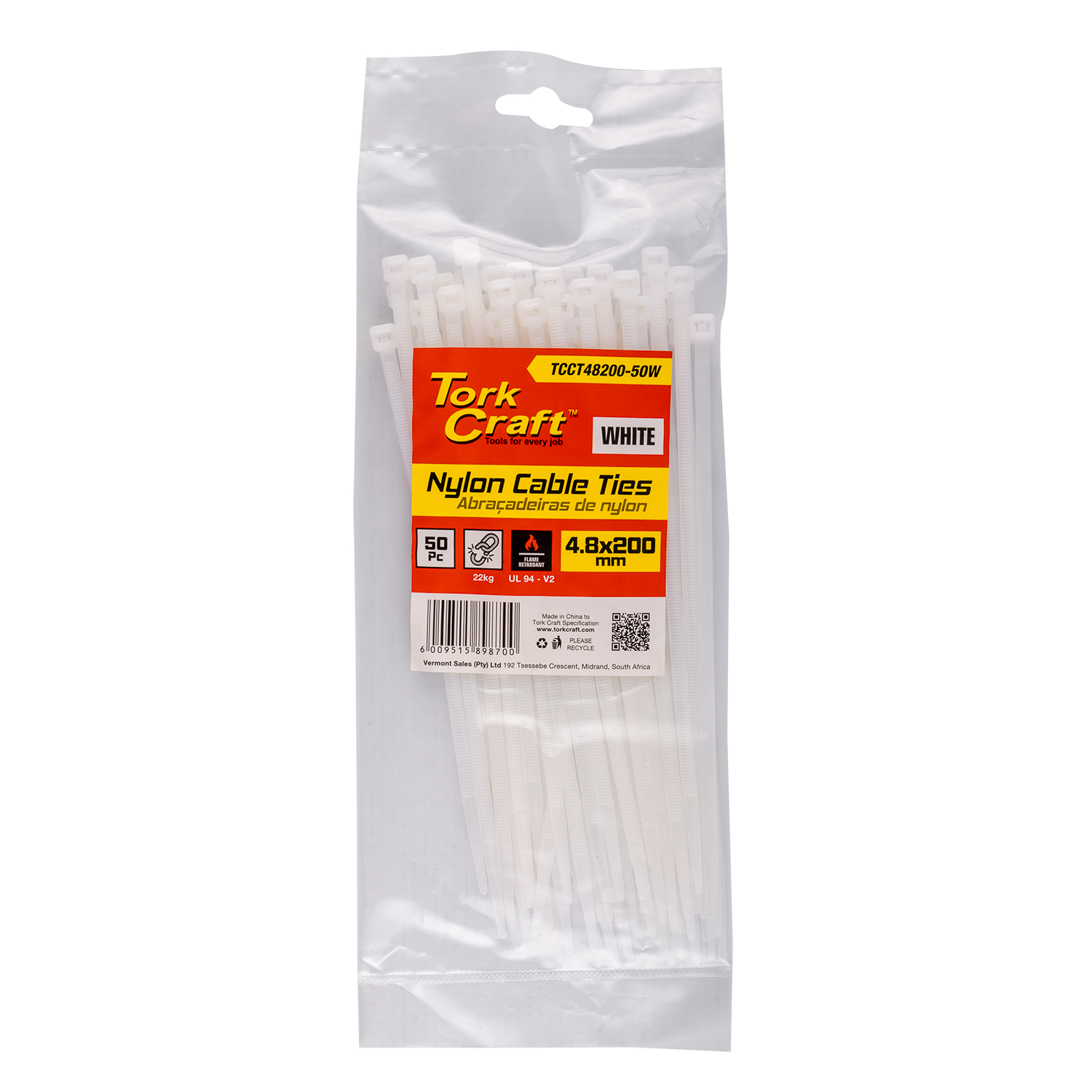 TCCT48200-50W Nylon Cable Ties 4.8Mm X 200Mm White 50Pc - Image 1