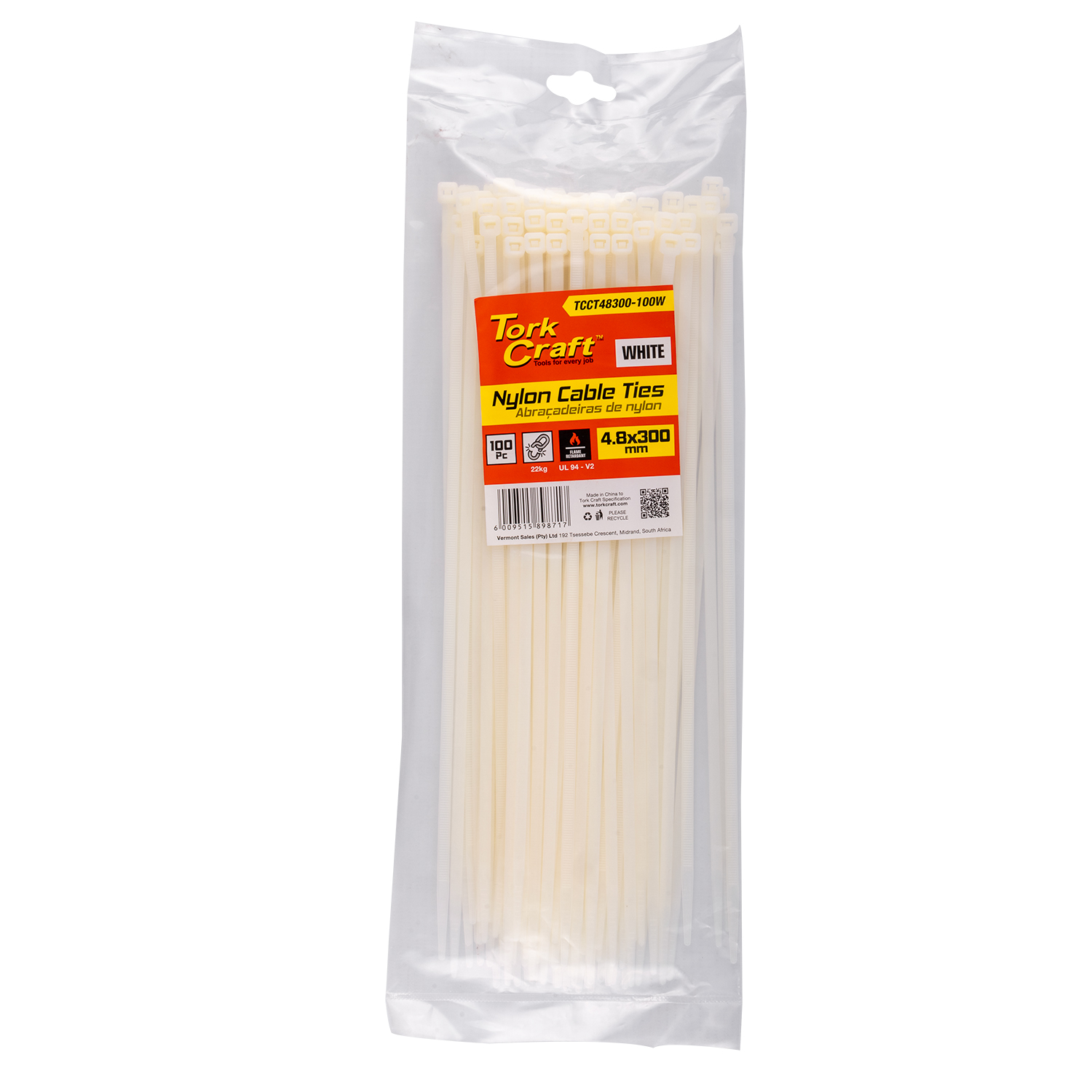TCCT48300-100W Nylon Cable Ties 4.8Mm X 300Mm White 100Pc - Image 1