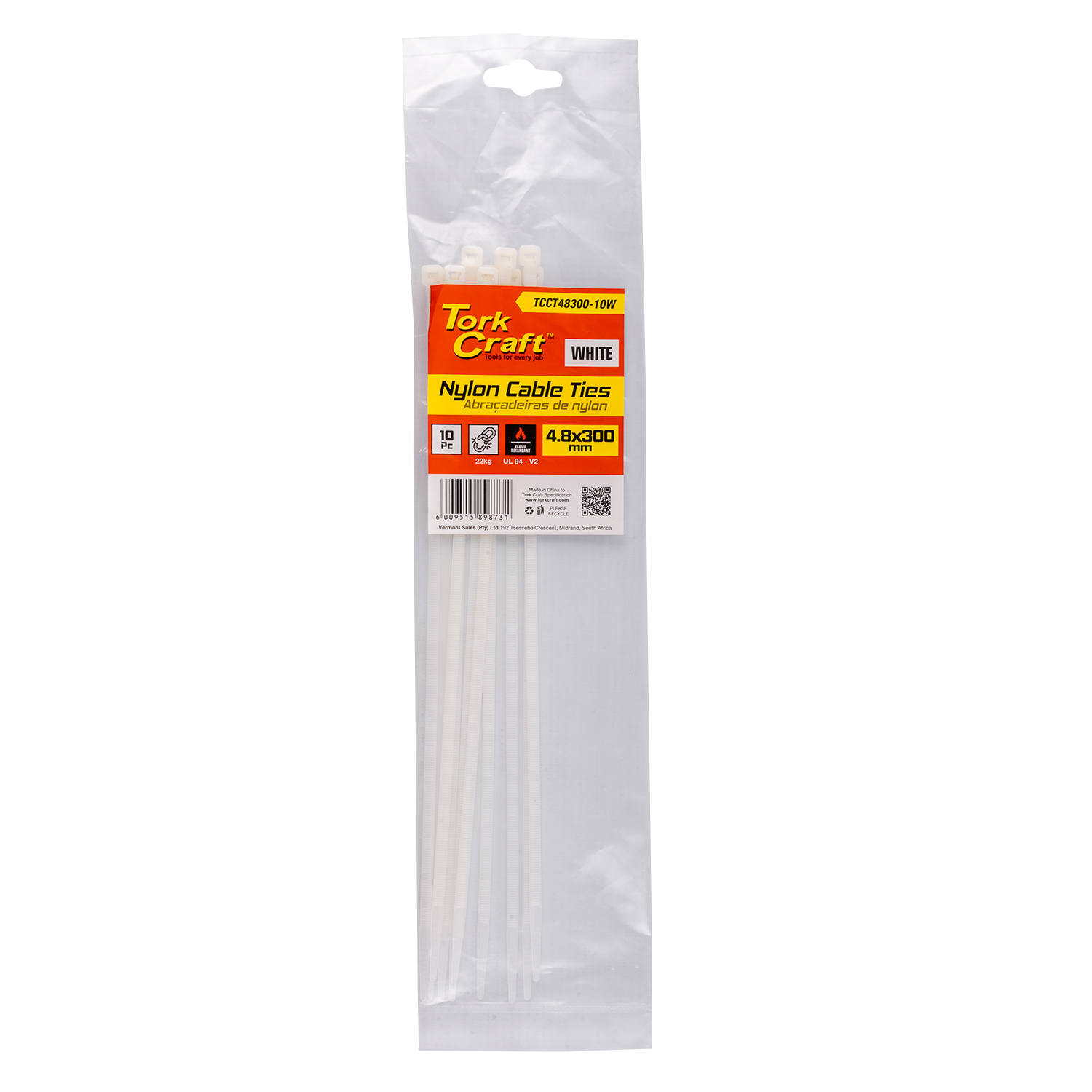 TCCT48300-10W Nylon Cable Ties 4.8Mm X 300Mm White 10Pc - Image 1