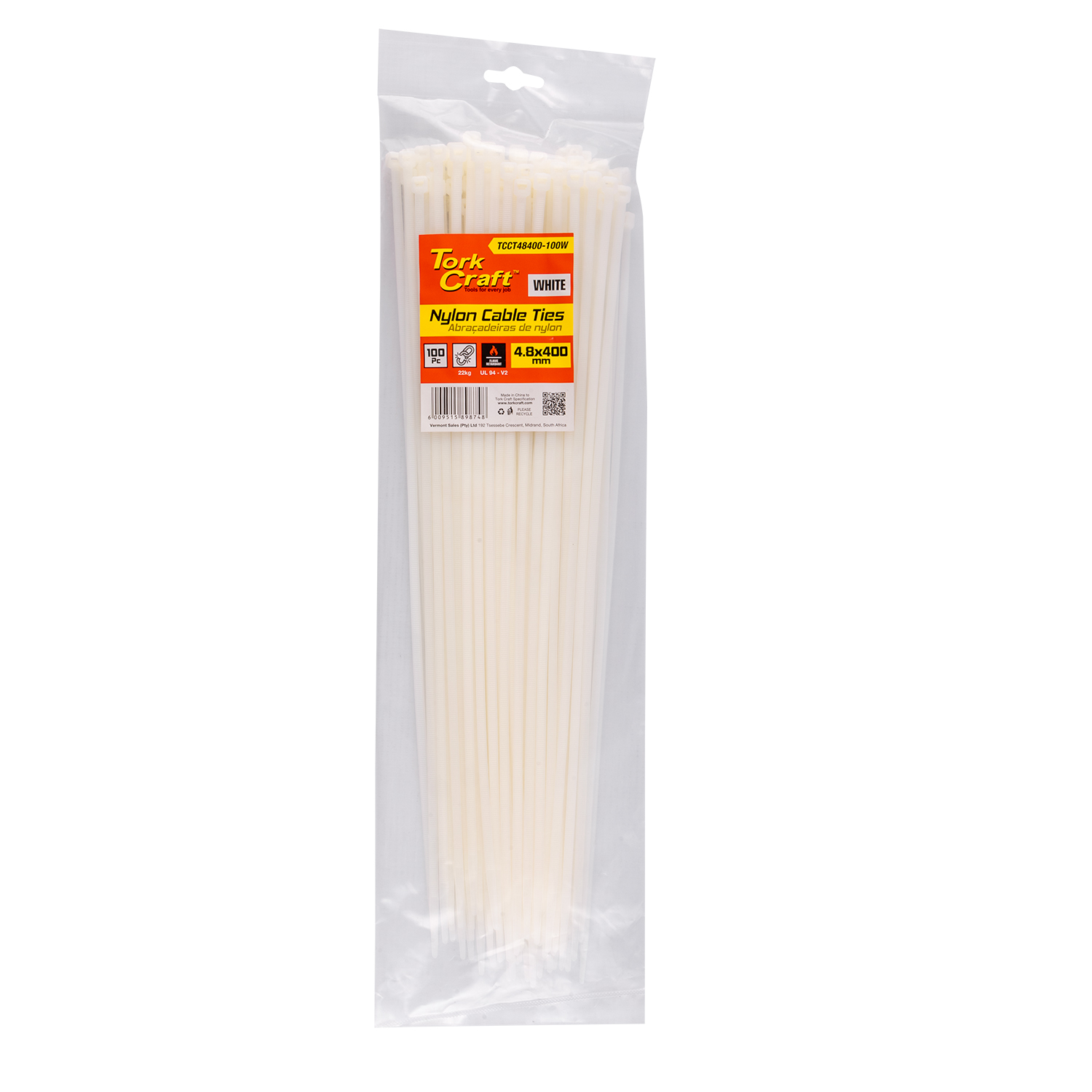TCCT48400-100W Nylon Cable Ties 4.8Mm X 400Mm White 100Pc - Image 1