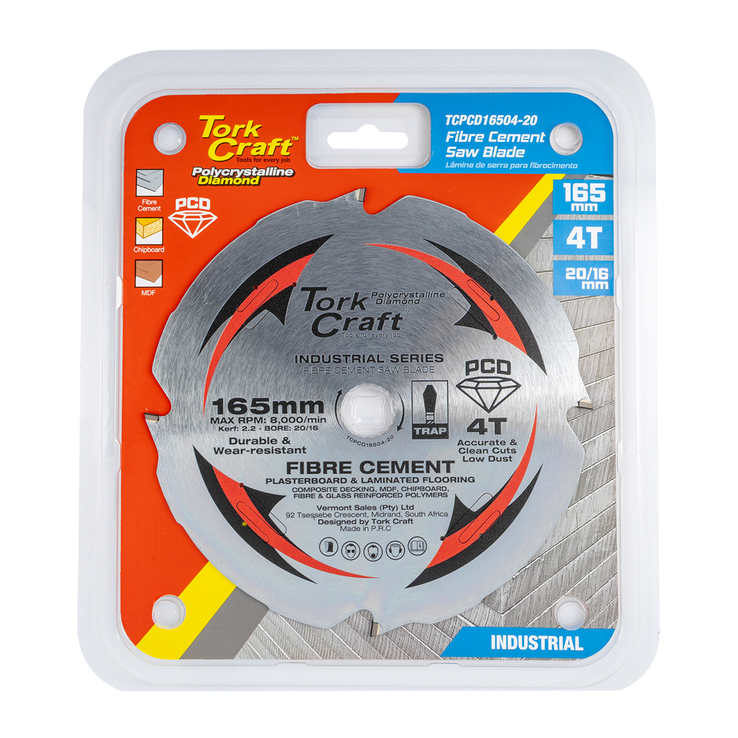 TCPCD16504-20 Pcd Saw Blade 165Mm X 4T X20/16Mm Fibre Cem. Mdf Chipboard - Image 1